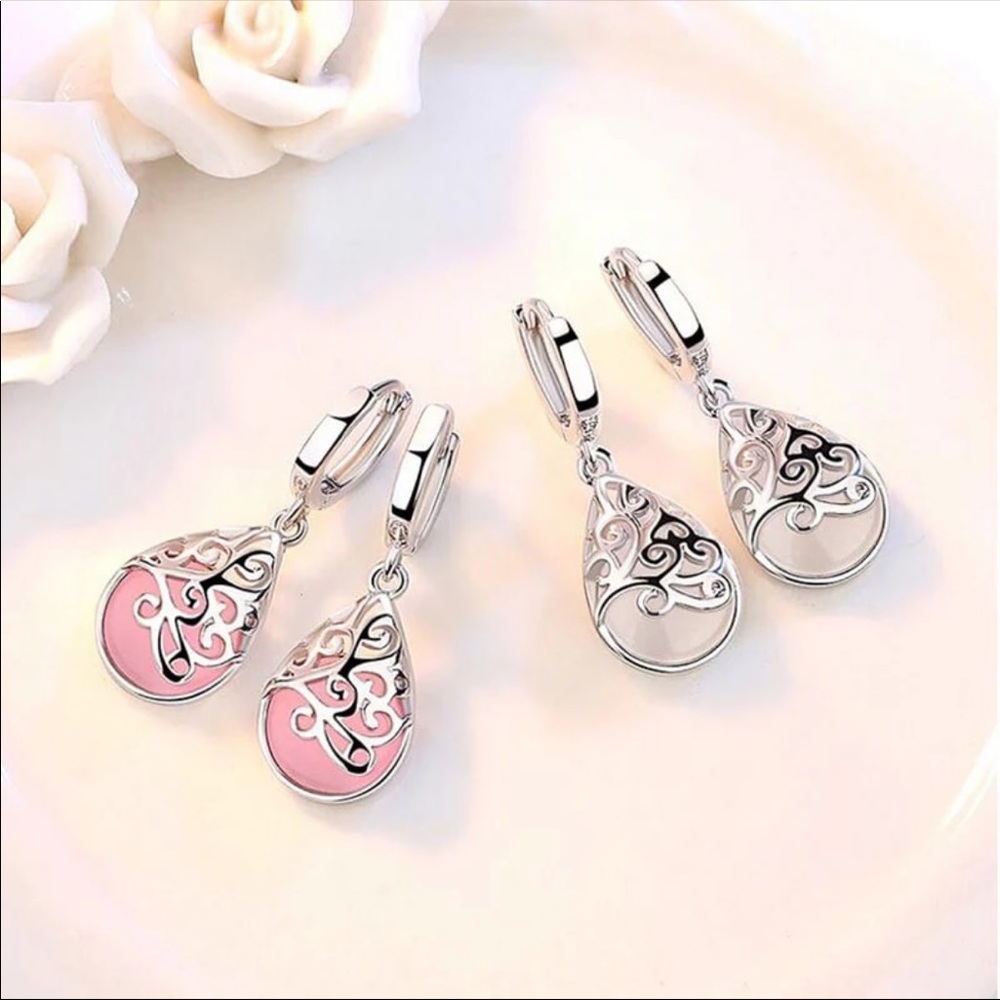 925 Sterling Silver Pink Opal Tears Drop Earrings - Picture 2 of 4